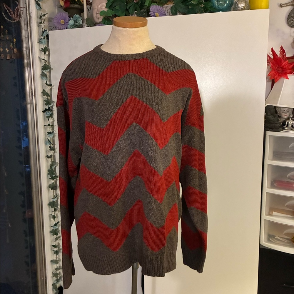 Giorgio Armani Red and Gray Chevron Crewneck Sweater